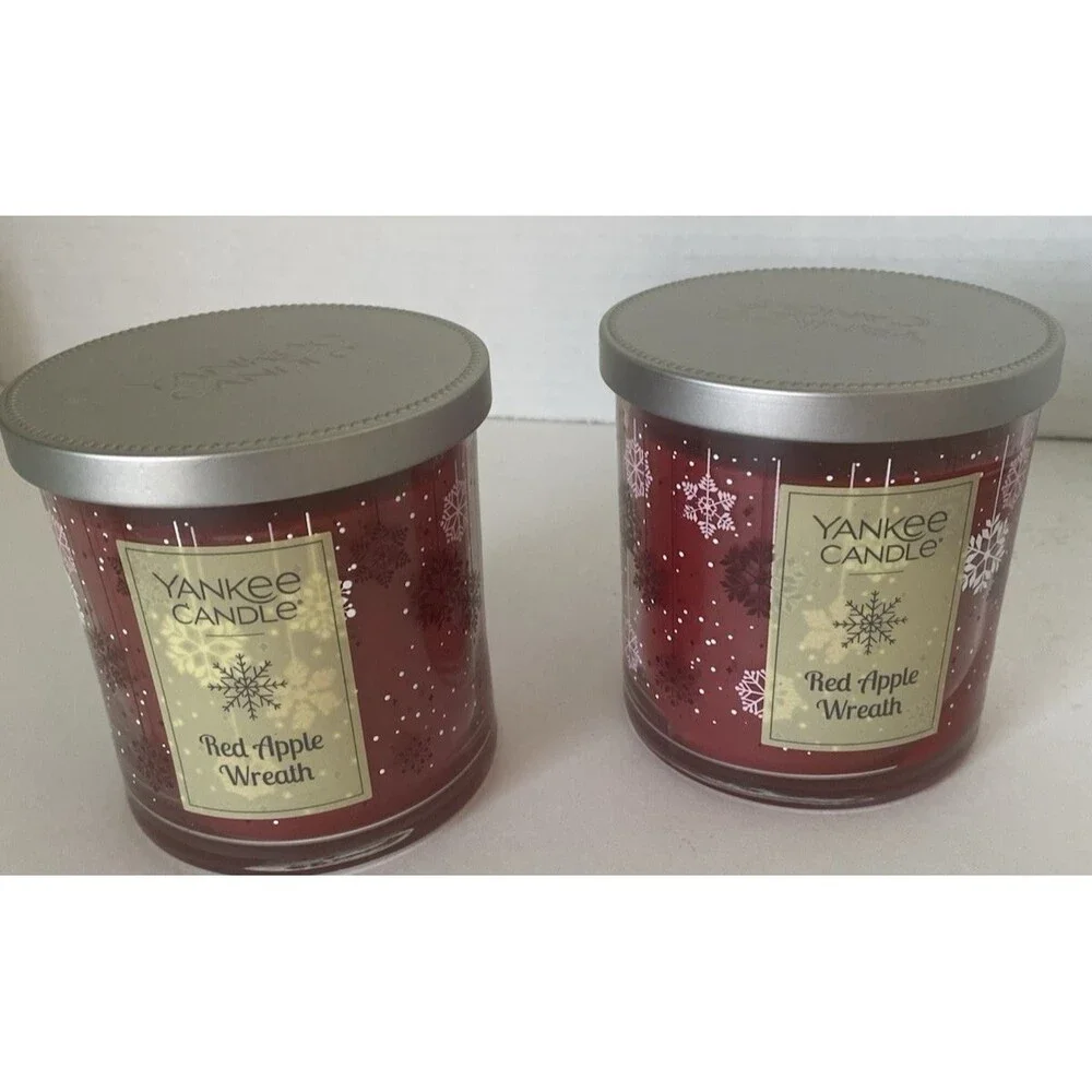 2 Yankee Candle Red Apple Wreath Festive 7 Ounce  Jar W Lid Fall Christmas New